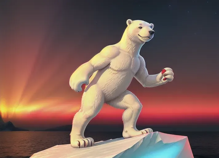 the smiling tall anthropomorphic Icee mascot polar bear wearing a long red turtleneck sweater with a narrow white vertical stipe on the front of his red sweater. Standing on an iceberg waving against the backdrop of the nothern lights. photorealistic. Medium shot. low angle.