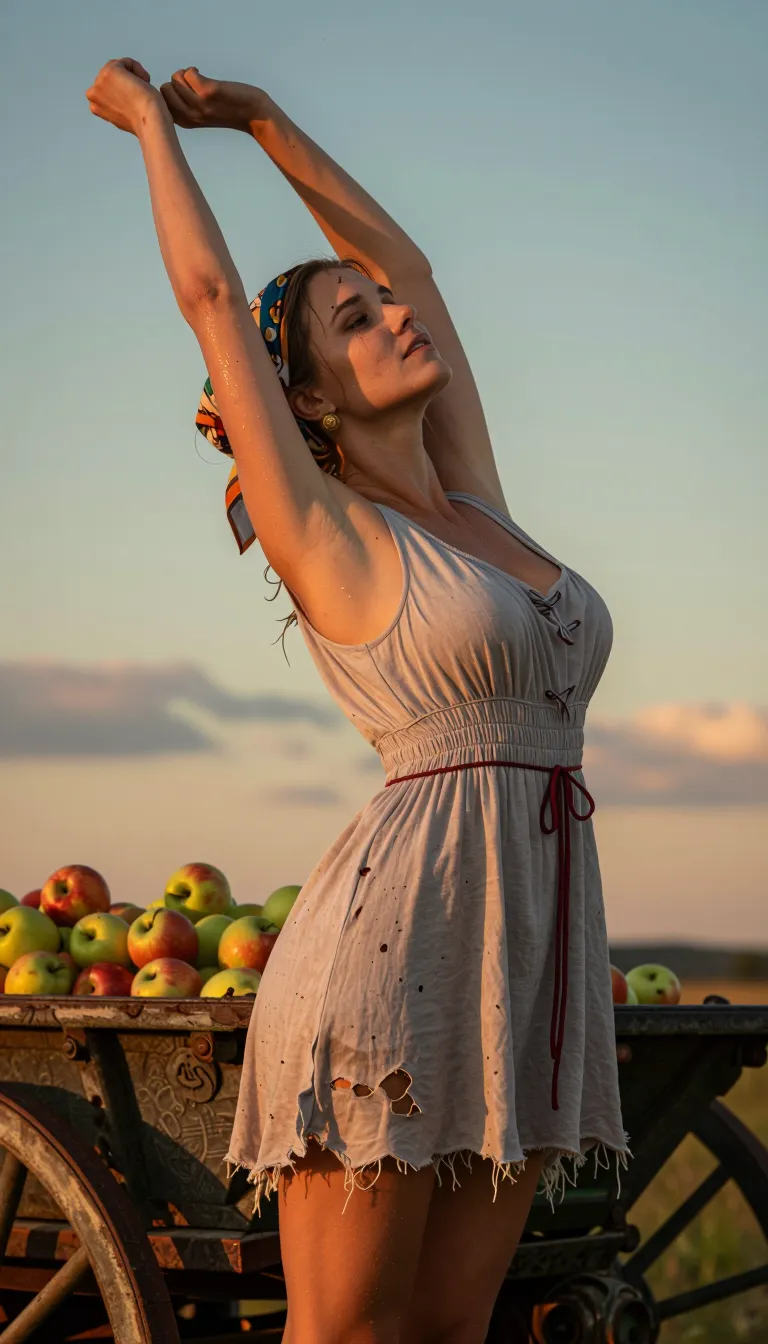 (1 hot Russian woman, young adult, is standing near an old cart filled with apples. ((She is wearing an fitted linnen (pale grey) dress cinched with a red drawstring, the dress is sleeveless and a bit damaged, it is short and stops at thigh-length.)) She has awesome d-cup breasts. She is wearing a multicolored headscarf tied around her head. ((She is stretching with her arms up in the air and she is arching her back.)) )
((She is sweating and her skin is glistening. Sweat stains on the dress.))
The sun is setting behind her. Some colored clouds are in the sky.
Warm colours. Realistic professional photography.