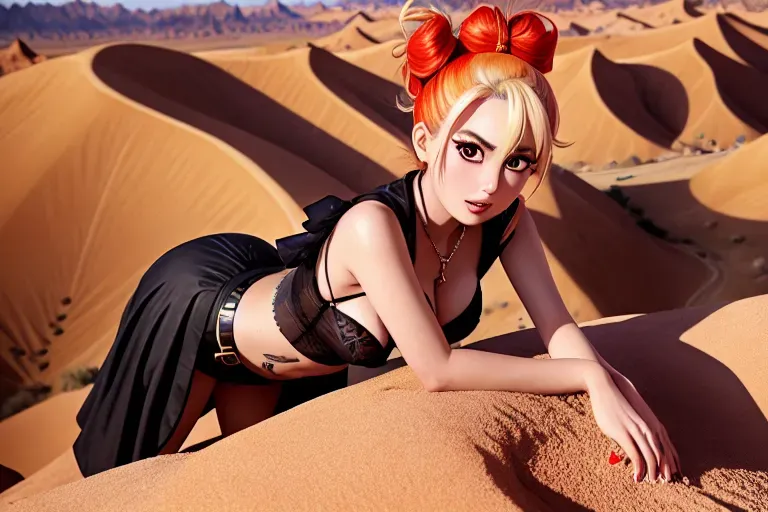 a illustration of,chitoge kirisaki,wearing willy wonka,shooting from a high point,in the desert,small breasts,five slender fingers,updo hair,gorgeous face,beautiful lips,black eyes,curved eyebrows,pale skin,satisfaction,tattoo,sharp focus,ultra realistic,cinematic lighting,highly detailed,pixiv
