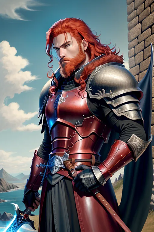 High fantasy, Berserk, a strong, warrior human, Guts, wavy red hair, pale skin, angry eyebrows, handsome blue eyes, small nose, strong cheeks, full beard, strong chin, animal skin coat, black leather armor, huge two-handed greatsword, going into battle, battle field, war in the background, castle and dragon in the far background, high definition, 4k quality, excellent lighting, great shading, pristine detail, very clear picture, vibrant colors, accurate at lower promp guidence, ultra realistic, five fingers per hand.