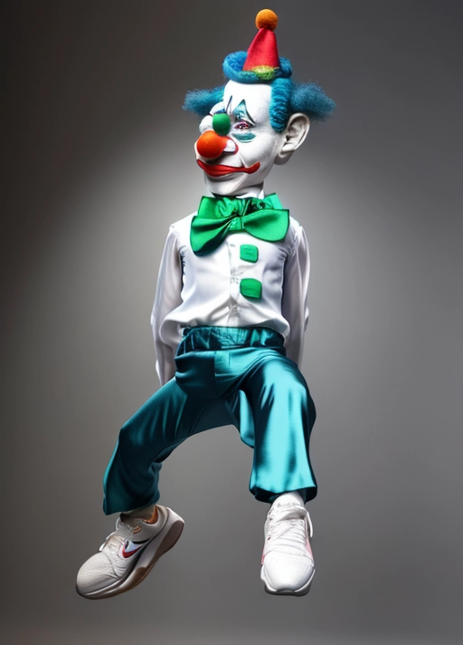 a photo realistic dancing clown ,his face is realistic,the face is anatomically correct ,his hands behind his back ,he is wearing nike running shoes ,his face is a natural skin tone ,he is not wearing white makeup he is wearing a blue silk shirt ,he is wearing a large green bow tie,his shirt buttons are very large