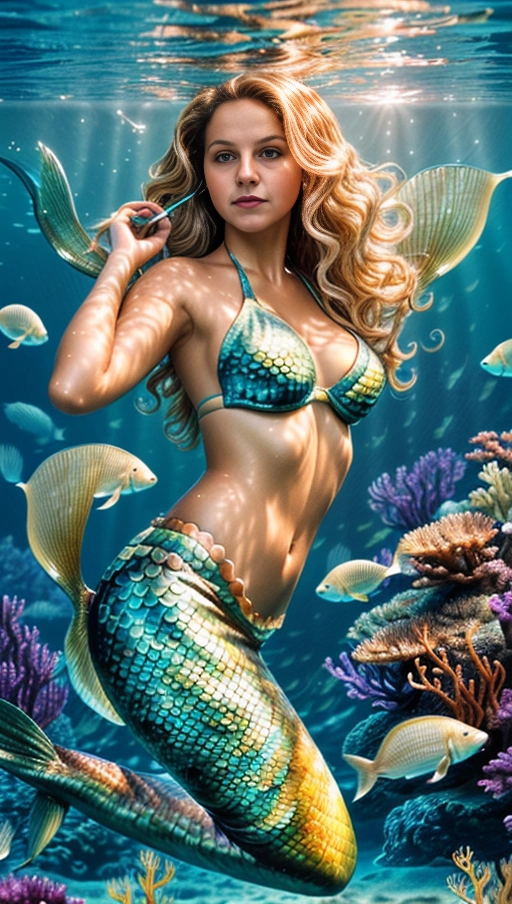 highly detailed styled art, tan skin gleams and reflects light from under the water, long elegant hair, scenic underwater setting, high quality image, highly detailed image, vibrant lighting, realistic skin, detailed hands, detailed face, ((a sexy mermaid bikini top over breasts)), (one mermaid with curly light blonde hair), swimming underwater, the mermaid is very detailed, a of fish swimming all around her, shining through the water, a kracken is far in the background, underwater rocks and life,