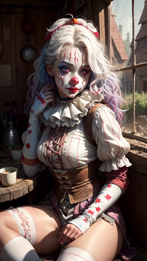 1 digital professional photograph, medieval fantasy,
1 hot ((clown:0.6)) African woman 19 ((cleans her ((white clown makeup)) from her face)) in her (cramped:1.2) old trailer, wavy (purple:0.3) hair, (((clown makeup:0.6))) and (cleaned face:0.6), she is sat besides a broken mirror, her (((opened:1.6)) ((unlaced:1.6)) rainbow vest) exposes her natural breast, ultra detailed (shiny:1.2) blue eyes, <lora:dpmg_add_detail:0.6>, ((close-up:1.3)), ((looking away)), exhausted smile, medieval fantasy, ((breast exposed with large areola)), ((small:1.2) (dirty:1.3) wood window) in background, broken mirror besides, soft light with dust flowing through the old window, (damaged wooden walls:1.2),(extremely long:1.6) rainbow dildo, she is poor and lives in an old dilapidated caravan, ((dirty skin:1.3)),
cinematic lighting, cinematic composition, UHD, HDR, vivid colours, photon mapping, (highest quality:1.8), highest resolution, (photorealist:1.72), (photorealism:1.72), (masterpiece:1.18), --s 250 --v 6