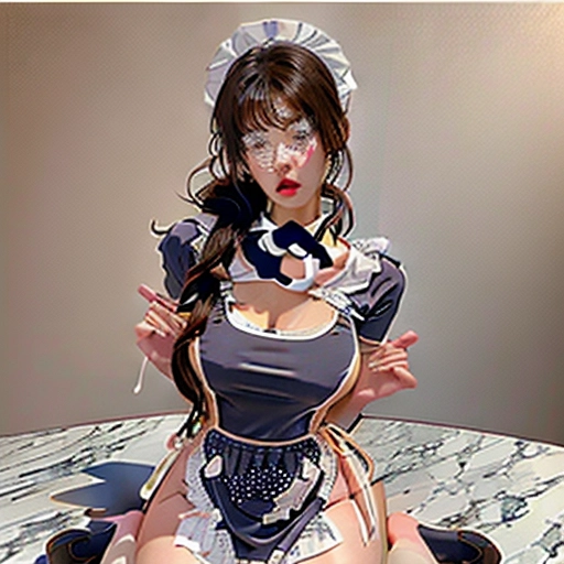 A 8k resolution photo shot of, brunette American housewife with high ponytail, bukkake, excessive cum,kneeling, facial cumshot, surprised look, mouth open, shocked look on her face((wearing a kitchen apron outfit with her breasts sticking out of the top)),((revealing two boobs out)),((perfectly nipples placement)),((detailed hair features)),((detailed facial features)),((detailed body features)),((detailed arms features)),(textured skin),((beautiful lips)),((highly detailed)),((8k resolution photo shot)),((detailed kitchen background)), American woman, <lora:jp_maid_dress:1>