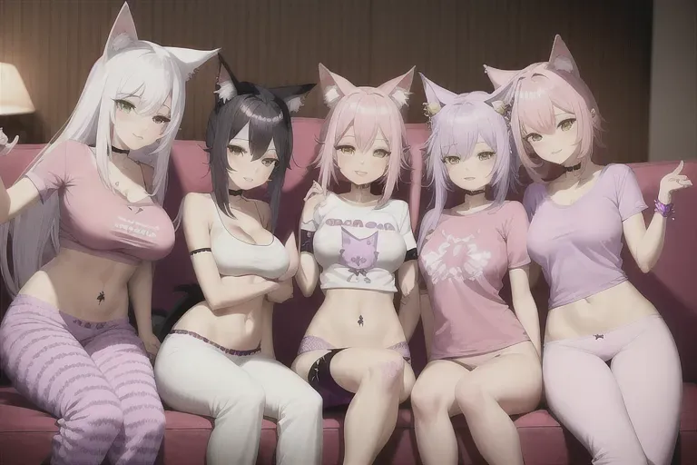4 cute catgirls, pink and white hair, tail, arm tattoos, piercings, pink and purple t-shirt, pj pants, petting cats on a couch, in a living room,
