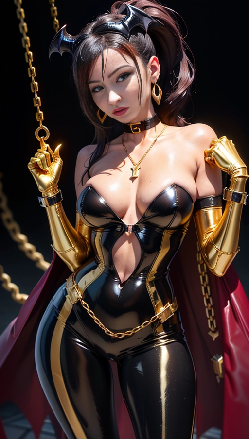 best quality, (((ultra high res))), (detailed face and eyes), (succubus), hearts, perfect face, necklace, choker, golden earrings, jewelry, tail, gloves, snake, gold, (single ponytail), Victoria Justice, black hair, long ponytail, hourglass body, snake coiling, pov from below, ((golden latex)), golden snake, ((handcuffs)), handcuffed, ((((chained)))), (tied up), chains, chain, (((golden symbiote suit))), ((((symbiote girl)))), (((succubus symbiote))), ((burgundy cape)), ((succubus wings))