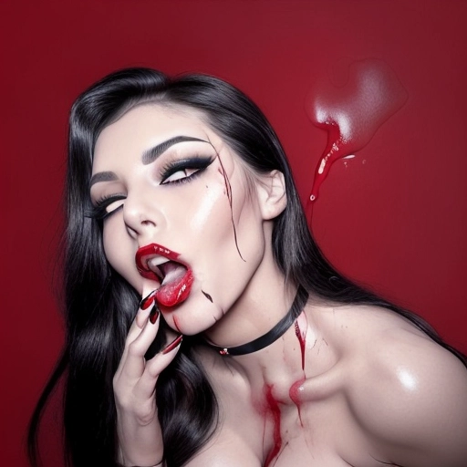 A high resolution centerfold photograph of a beautiful and fit nude female vampire posing seductively
Model has impossibly large round breasts with large pink nipples
((((Model is naked))))
((Model has blood dripping from her nipples))
((Model has blood streaming from her mouth and onto her breasts))
model has huge breasts
model has huge round ass and wide hips with a toned physique
model has slim waist
model has exaggerated hourglass figure
model has beautiful long thick black hair with loose curls
model has pale skin
model has big black eyes with long black upper eyelashes and black eyeliner with dark eye shadow
model has long painted fingernails
model is wearing red lipstick
model is wearing a black choker
((background is black))
model has visible canine fangs
dark candle lighting
4k
high definition
<lora:dpmg_add_detail:1>