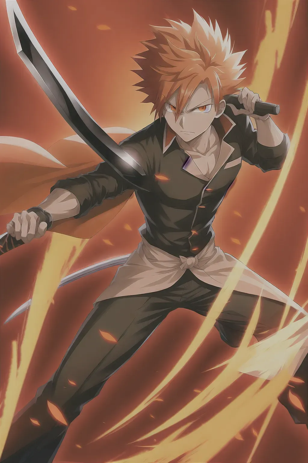 Ichigo Kurosaki, anime, short orange hair, in Shihakusho, male, 8k wallpaper, best quality, ultra hd, global lighting, hi-resolution, high quality, fighting stance, with zangetsu zanpakuto