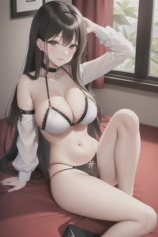 long hair, pale skin, brown hair, green eyes, black choker, giant H-cup breasts, wavy hair, lying on bed, naked, smiling, full body photo, 28 years old