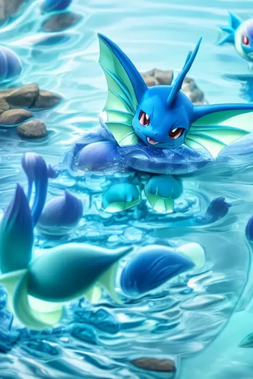 a high detail photo of the pokemon Vaporeon inside of some water laying down with its front and hind paws and tail up