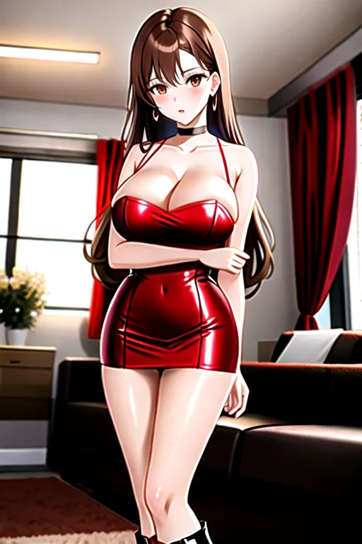 brown hair, brown eyes, pale skin, giant breasts, red minidress, miniskirt, white corset, choker, long hair, high heels, in living room, slim body, holding breast, looking at viewer, 1 girl, cleavage, 4k, boots