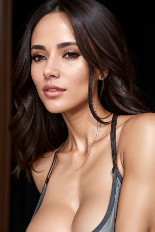 A 8k resolution photo shot of a beautiful woman, very compassionate and friendly, ((wearing a very loose strap shirt hanging extremely low on extremely long straps with one strap slipped off her shoulder)),((showing a nipple slip)), (pretty teeth), ((detailed hair features)),(((detailed facial features))),((detailed body features)),(detailed arms features),(extremely textured skin),((beautiful lips)),((highly detailed)), ((nipples partially revealed on the edge of the shirt)),