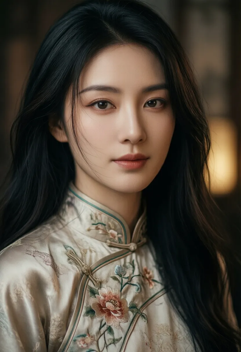 A beautiful Chinese woman with graceful features, close-up portrait, long flowing black hair, wearing a traditional silk cheongsam delicately embroidered with floral patterns, face softly illuminated by ambient light, serene expression