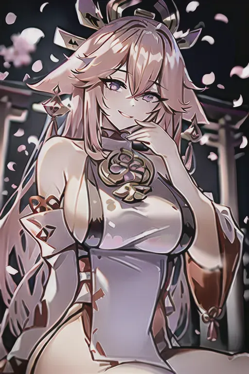 1girl, <lora:dpmg_yae_miko:1>, kpop idol, yae miko, detached sleeves, bare shoulders, pink hair, long hair, japanese clothes, best quality, (painting:1.5), (hair ornament:1.35), jewelry, purple eyes, earrings, breasts, torii, cherry blossoms, lantern light, depth of field, detailed face, face focus, ribbon_trim, (looking at viewer:1.25), nontraditional miko, shiny skin, long sleeves, smile, thick lips, game cg, hands on lips, east asian architecture, (blurry background:1.2), sitting, upper body,