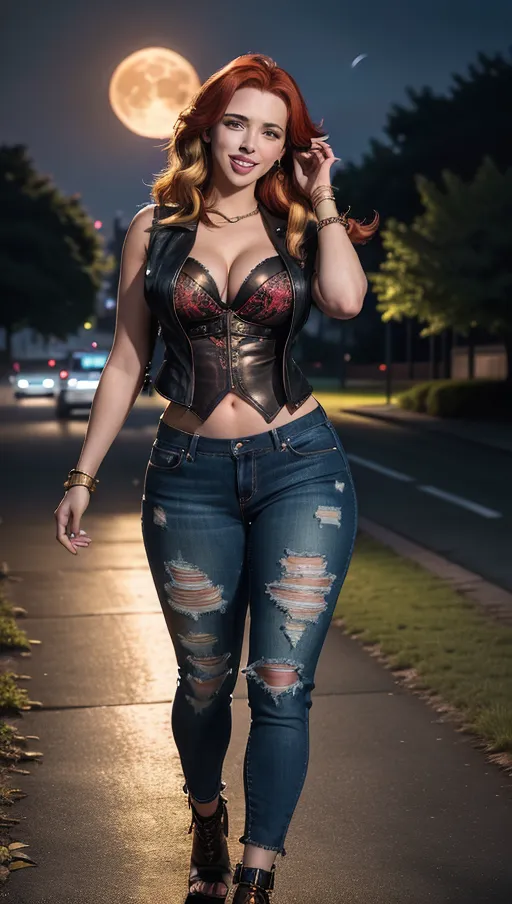 A digital photograph,full body shot, professional photograph of,
Scarlett Johansson (24)
in ripped jeans and (opened shirt with (intricate printings)) and (black leather vest)
is walking in Center Park in the evening,
((long curvy ultra red hair with golden highlights)),
relaxed, (smile:1.3),
breast exposed, (stomach exposed:0.3), perfect face, highly detailed, beautiful bright blue eyes,huge round beautiful big bimbo breasts,beautiful lips, perfect hands, ((five fingers per hand)), (shoulder tattoo),
(nighttime:1.4), (thriller atmosphere), (first quarter moon rising), ((cinematic composition)), 32k, HDR, (highest quality:1.8), highest resolution, (photorealist:1.72), (photorealism:1.72), (masterpiece:1.18), --s 750 --v 5.2