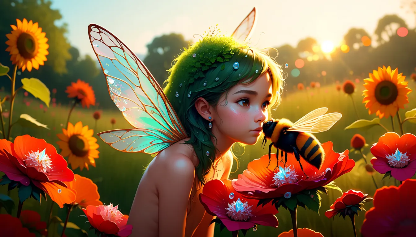 A whimsical, cinematic fantasy portrait of a 18-year-old girl transformed into a tiny forest pixie, possessing a youthful and innocent facial expression with wide, curious eyes. She has flowing, vibrant moss-green hair that looks like soft silk, adorned with small dewdrops. Her delicate wings are translucent and iridescent, resembling dragonfly wings with intricate golden veins. She is nude. The pixie is hovering gracefully over a cluster of oversized, glowing red flowers that feature sparkling crystal-like dew drops on their petals. A large, fuzzy bumblebee with golden stripes leans in close to her face as if they are sharing a secret whisper. The background is a lush meadow filled with towering sunflowers and warm orange blossoms, bathed in the soft, ethereal glow of a late afternoon sun. The lighting is magical and golden, creating a bokeh effect that blurs the distant garden into soft circles of light. The art style is highly detailed and painterly, blending the realism of nature with a touch of fairytale magic, featuring rich textures, vibrant colors, and a serene, enchanting atmosphere.
