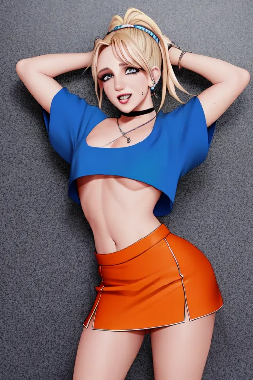Britney spears, standing, extremely short Crop top, small tits, ((underboobs)), fullbody, blue and orange outfit, shirt pulled, up skirt, ((<lora:slap_mark:1>)), (dpmg_face_cum_v1:1), dpmg_runny_makeup_v1, nipples with piercing
