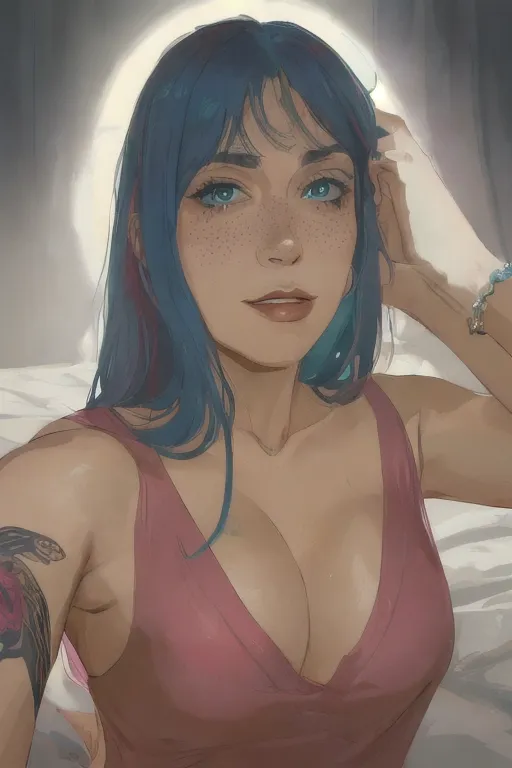 sexy latina pop star emo girl with cat ears, mesmerizing eyes, freckles, neon tattoos, on a bed totally naked and nude spreading her legs, b cup boobs, gothic decorated, pink wet pussy, cute feet, blue hair, pink nails, no bra no panties, blade runner aesthetic, pretty face, messy makeup, messy hair, highly detailed background, realism masterpiece, confident, lustful, crazy, nymphomaniac, stunning, slender, heavenly