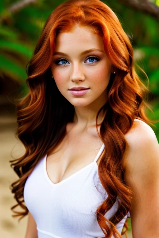 A sexy cute gorgeous tanned stunning ginger Irish redhead (young preteen) with long wavy hair, huge wide-set large round eyes, long eyelashes, cheekbones
