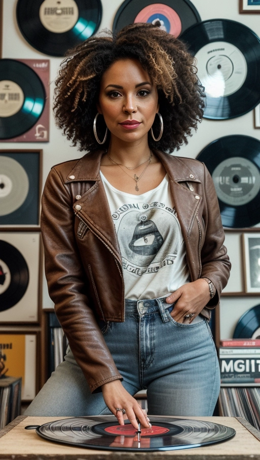 Ethnic group - Cape Coloureds,
Age - 28 years,
Skin type - light brown,
Hair color - caramel brown,
Hair style - shoulder-length, curly,
Face - heart-shaped,
Eyes - green,
Mouth - medium-sized with a subtle smile,
Nose - small, well-defined,
Clothing style - casual chic, vintage t-shirt and jeans, leather jacket,
Location - cozy, vintage record shop in Prague, surrounded by vinyl records,
Position and pose - kneeling, flipping through vinyl records, one hand holding a record,
Emotional expression - focused and intrigued,
Accesories - minimal, silver hoop earrings,
Make up - natural, emphasizing her eyes,
Tatoos - small music note on her wrist,
Camera angle - eye level, inviting viewers into her world of music,
Lighting - warm, highlighting the colors of the records and her features,
Resolution - high, capturing the texture of the vinyl and her expressive face,
Camera type - mirrorless camera,
Camera settings - 50mm lens, f2.8 for a detailed yet soft background,
Focus - on her face and the vinyl record in her hand, sharing her moment of discovery.