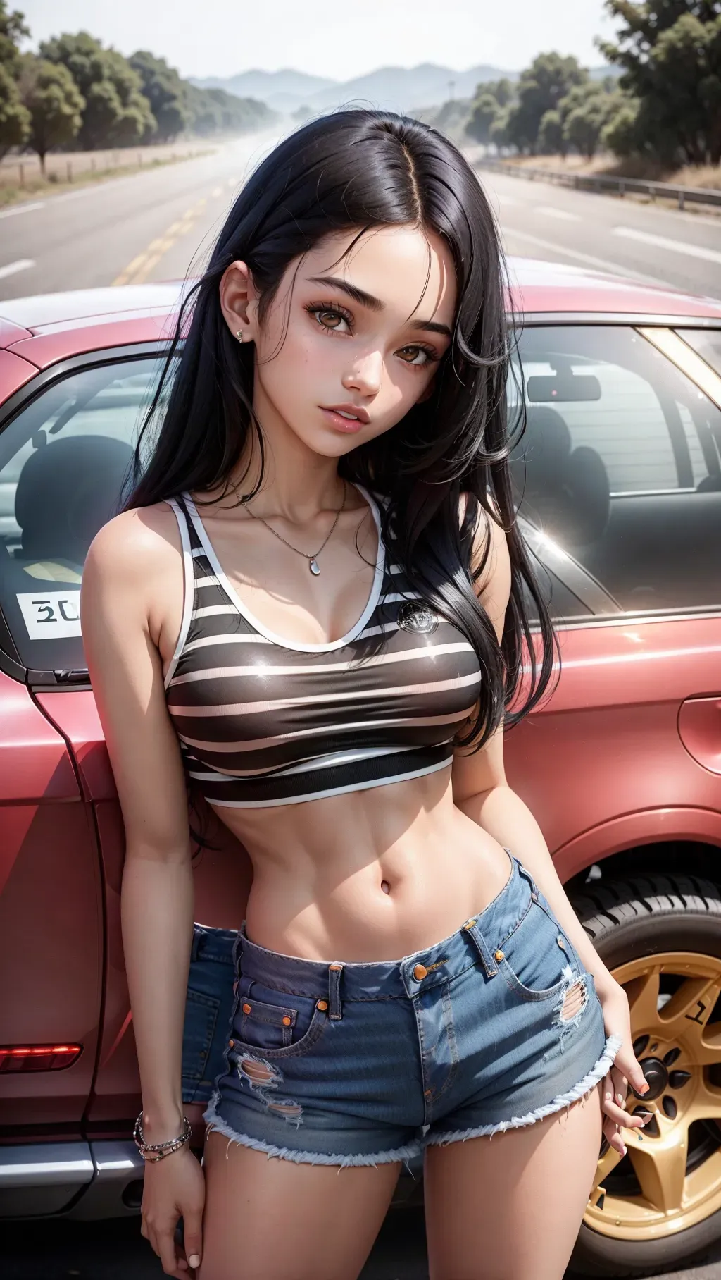 18 year old with black hair, small breast, skinny, leaning against a car in the middle of nowhere, striped crop top, jean shorts, Daisy Duke shorts,