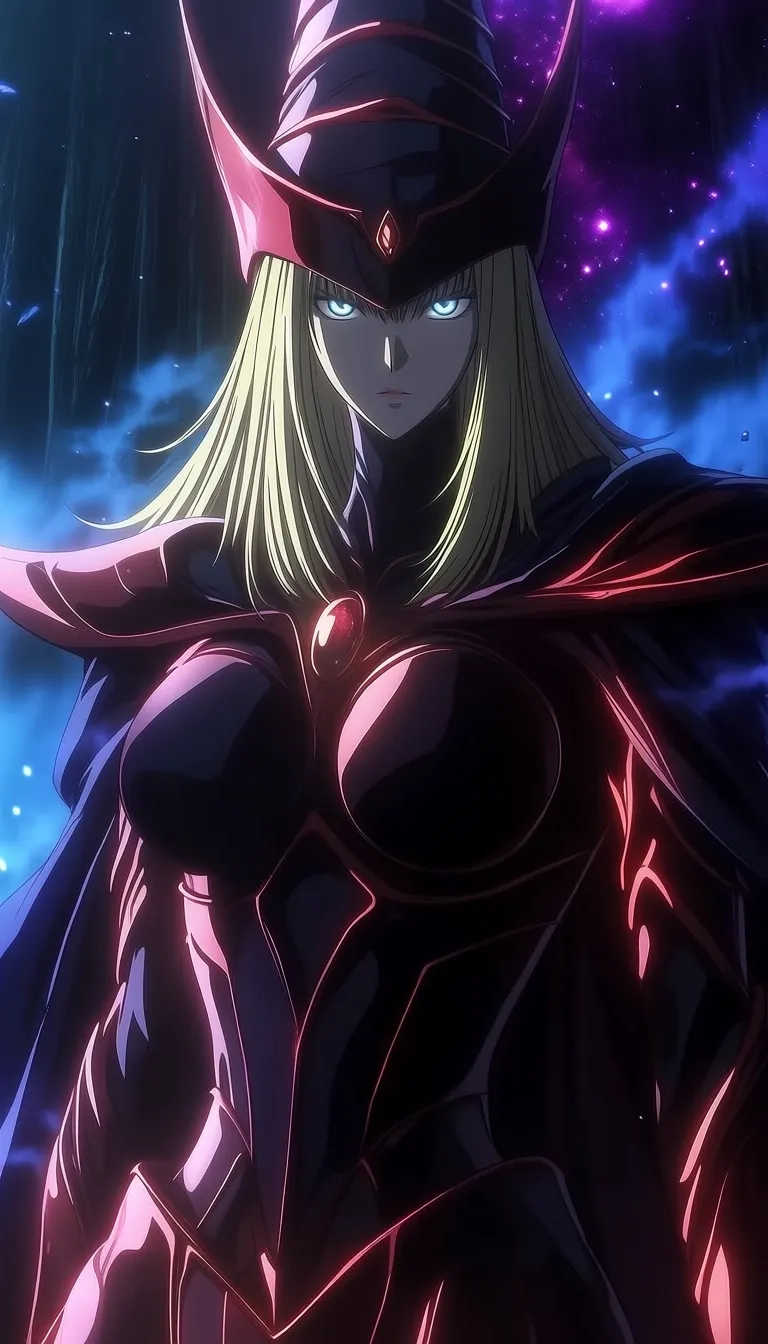 dark_art_style, (dark magician girl:0.6), 1girl, solo, blonde hair, long hair, straight hair, blue eyes, glowing eyes, intense gaze, serious, determined, looking at viewer, close up, dynamic angle, witch hat, hat, wizard hat, cloak, cape, fantasy outfit, mage, sorceress, magic, jewel, gem, ornament, armor dress, dark outfit, shoulder armor, elegant, powerful, forest, night, dark forest, magical atmosphere, glowing particles, aura, energy, mist, cosmic background, starry effect, purple lighting, blue lighting, cinematic lighting, dramatic lighting, anime style, detailed, high detail, vibrant colors, masterpiece, best qualit
