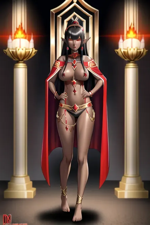 Dark elf, woman, red and black hair, sorceress, slim, small breast, tall, stern face, Throne room, large red cloak, panties, exposed breasts, red glowing eyes, dark, black skin, slim, gold crown, body tattoos, nipples, leggings, full body, beautiful face, empress, huge horns, black horns, single person, demon, beautiful, long legs, hands on hips, dripping pussy, jewelry, dark skin, wide hips, bare foot, masterpiece, hi res,