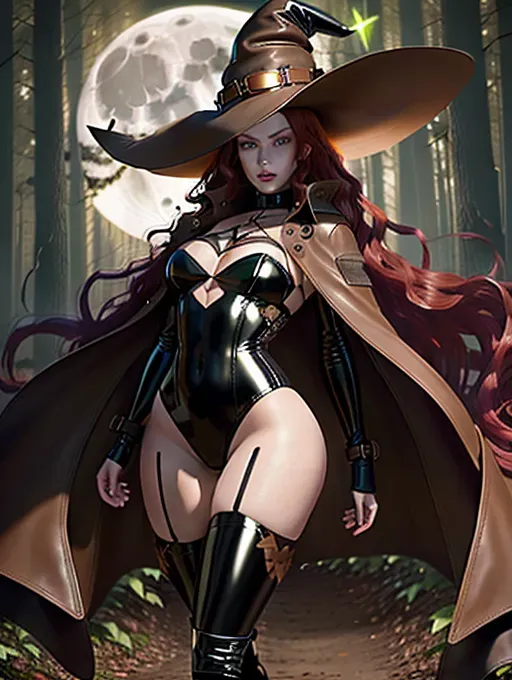 6 foot 7 Woman, pale skin, violet eyes, big tits, (((long flowing red hair down to her butt))), (((A Skin Tight Matte Black Latex Body Suit with Green Ivy and leaf embellishments))), Brown Thigh High Boots with Black Laces, ((((A Brown Trench Coat with a Dark Brown, Glowing Liner that reaches down to the ankles)))), A Brown Witch Hat with a Dark Brown Leather Belt and Gold Buckle on it with a glowing Brown liner, forest at night, full moon,