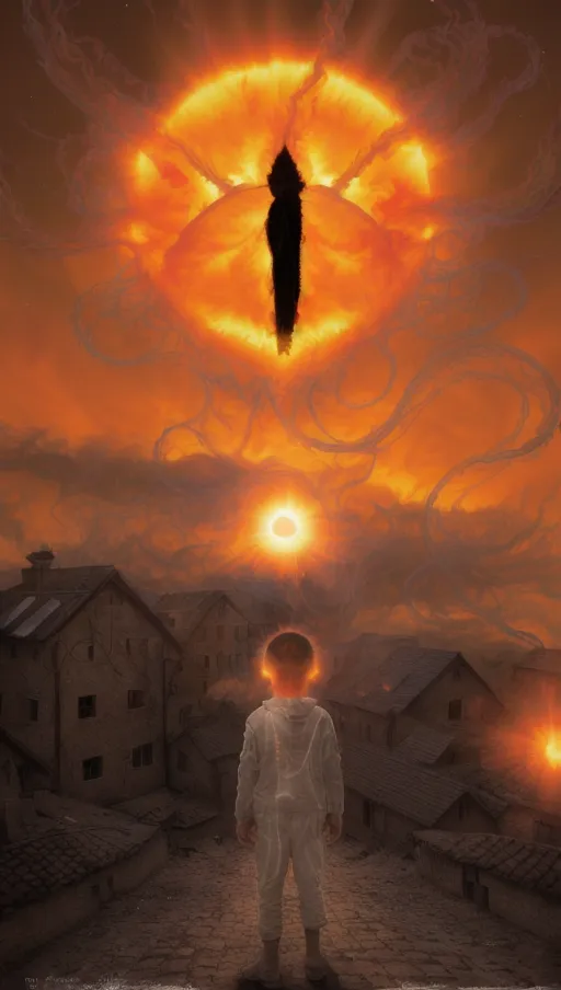 (the sun erupts with solar flares shaped like tendrils),
(The village beneath is on fire),
(A boy wearing white stares up at the eye in the sky),