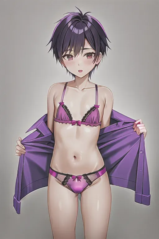18 year old, Boy, small cock, cock cage, wearing pink and purple panties and bra, purple and black hair