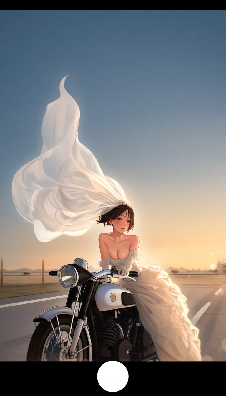 @MUK (Monsieur) style,
Cute rebellious girl, very feminine, posing, partly undressed, bare skin visible,
elegantly and seductively, (wearing a bridal veil:0.7), that is billowing in the air like a piece of cloud in the storm,
At early dawn, on an empty airstrip, abandoned,
The girl is on an expensive vintage motorbike, posing for the camera,
action sequence,
Professional shading, expressive colouring, romantic realism, melancholic mood, in the style of Wong Kar Wai movie