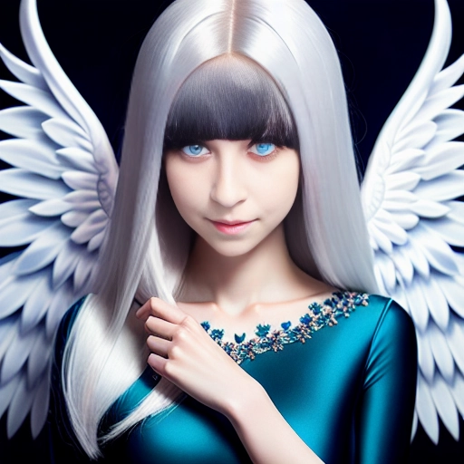 a 8k high detail photo full body shot, ,five slender fingers ,silky hair, beautiful face ,beautiful lips, beautiful breasts, blue eyes,curved eyebrows,curved eyelid,pale skin,satisfaction,tattoo,ultra realistic,smooth,8k,studio lighting,surreal, Angel Wings, Angelic Lighting, Love, Hope,