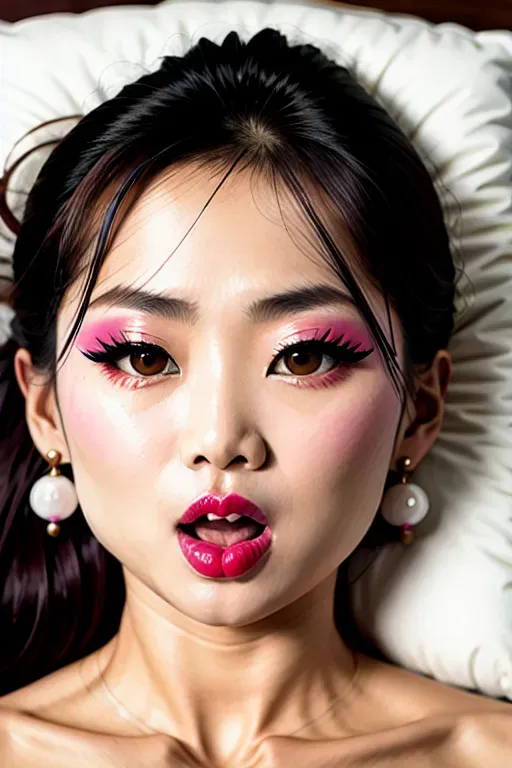 a 64k high detail extreme extreme closeup full color close-up photography extreme close up photo of the right earlobe of a gorgeous japanese woman, lying on her back,head on a silk pillow, messy hair splayed on pillow, full makeup, beautiful eyes, sultry lips, opulent earrings, elegant necklace, ((orgasming expression)),(climaxing expression), ((expression of intense sexual pleasure)), (o-face), (sexually aroused), (sexually excited),
