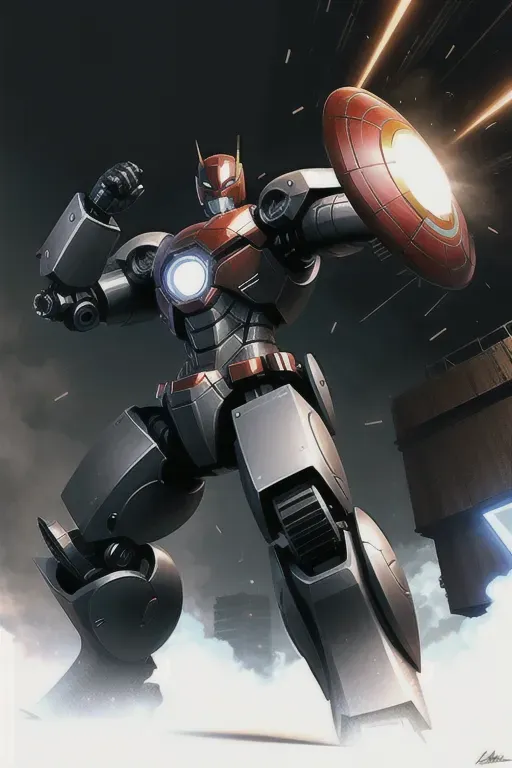 a concept art of a robot fighting against a superhero