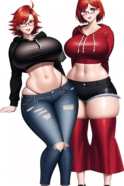 A digital picture of a Ginger with, Breast bigger than body, Huge Brest Ass bigger than body, Huge Ass, Short Hair, Rectangular Glasses, Red crop top hoodie, short ripped jeans, black bra and panties, Black Vans Shoes, Breast Squeezing,