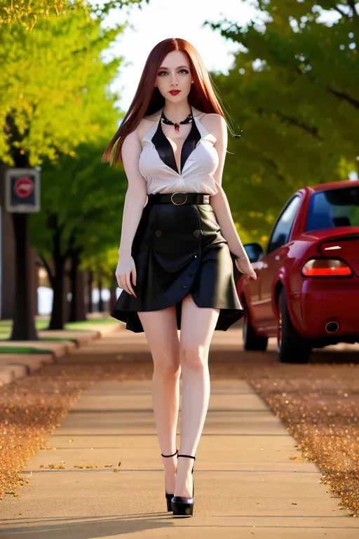 full body, chestnut hair, green eyes, short girl, red miniskirt, black high heels, looking at viewer, long hair, pale skin, black necklace, black shirt, 24 years old, big breasts, cute face, pov, wavy hair, city environment, Oklahoma City, wide eyes, erotic, skirt tug