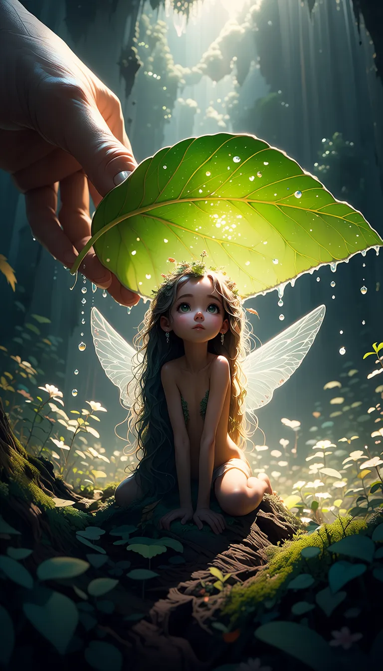 A cinematic, hyper-realistic fantasy portrait of a whimsical nude 20-year-old girl with a wide-eyed, childish expression, embodying the wonder of youth. She is depicted as a tiny forest sprite sitting nestled beneath a massive, dew-covered emerald green leaf that acts as a natural canopy. She has long, flowing hair tinged with mossy highlights and delicate, translucent gossamer wings like those of a dragonfly. The scene is set in a mystical, enchanted woodland filled with soft, ethereal mist and glowing forest flora. Looming above her is the colossal, gentle hand of a giant human its skin textured like , reaching down to catch her. The lighting is moody yet magical, featuring dappled sunlight filtering through a dense canopy, creating a bokeh effect in the background. The color palette is dominated by deep forest greens, earthy browns, and soft silvery greys, captured with a shallow depth of field that emphasizes the girl's expressive face. High-detail textures, 8k resolution, dreamy atmosphere, masterpiece quality.