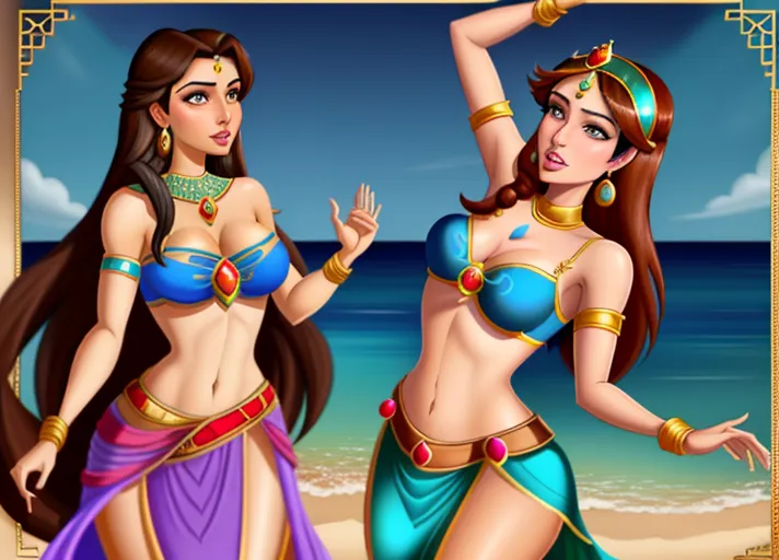 tan skinned black haired Arabic Princess Jasmine of Agrabah teaches her friend the beautiful Nordic auburn haired Queen Anna of Arendelle portrayed by Elizabeth Lail how to belly dance. photorealistic. <lora:dpmg_snake_coiling:1>
