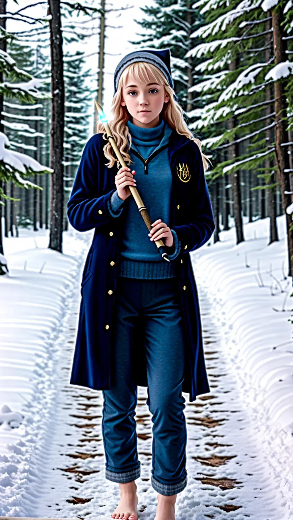 barefoot adult Luna wearing wearing casual clothing with capris pants while holding her magic wand and wandering the snowy Dark Forest outside of Hogwarts during winter, barefoot, barefoot, movie, Evanna Lynch, Harry Potter, Hogwarts School for witchcraft and wizardry, blond hair,