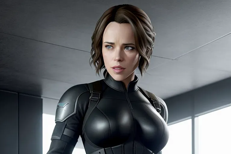 a concept art of, Rachel McAdams, confident, in resident evil, in black tactical pants, black military armor, gun holsters, combat boots, five fingers per hand,ponytail,bangs,strong pose,charming face,beautiful lips, deep eyes,curved eyebrows,textured skin,cgsociety,8k,unreal engine,highly detailed,artstation, deviantart, cinematic, sharp image, centered, medium close up, 8k,studio lighting, head in frame, long neck, entire head in frame,hyper-realistic