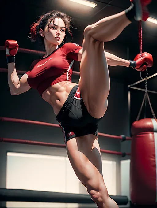 a woman in a red shirt and black shorts doing a kickbox pose, ((kicking a punching bag)) , arabesque, dynamic pose, stockphoto, , an impressionist painting by Oliver Sin, featured on cg society, neo-romanticism, high resolution, behance hd, rococo, erotic, Thirst trap, two legs