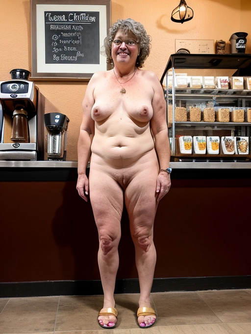 Full body view, my naked middle aged neighbor lady meets me completely nude except for the shoes she is wearing at the coffee shop