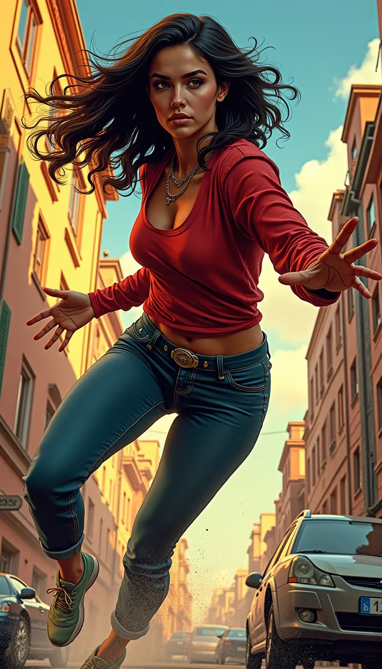photorealistic and surrealistic film in a comic illustrations style by Mike Deodato,
(interesting unique diverse complex character design that can be a man or woman:1.2),(photorealistic detailed face:1.1),
(classic stereotypical over tuned retro comics body shape and anatomy),
big variation of colors , smooth pencil brush to create a composition of vivid colors, thick black outlines, flat shading, minimal highlights ,interesting detailed Foreground and background depth are clear giving visual complexity to the scene,
(dynamic diversity of different angles with dynamic distance to person to create a powerful dramatic cinematic intense action image as our hero uses their supernatural powers:1.3),
(Our hero is a heroic brave confident attractive woman in their mid twenties:1.1), (the hero´s Ethnicity origin is fully random and representing a blend of all types of global human diversity:1.2), (interesting diverse hair color that matches the person´s origin and personality ),
(human hands with five fingers per hand),(toned athletic stomach), skin is slightly glistening with sweat,(makeup matches the person´s personality),
Our hero is in a dynamic pose depending on what the person is doing,
interesting random diverse renown famous places in the world with dynamical correct detailed background with correct interior or exterior) ,
person is wearing functional heroic clothes that fits the person´s personality and the activity the person is doing, (the persons outfit can have multiple layers of clothing),
Person’s face expression is dynamic and fits the mood and scene the person is in,
(avoid all types copyrighted iconic logos icons brands)