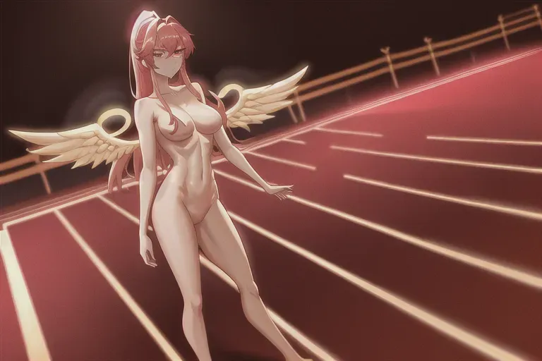 wide shot, 20 year old, an angel, fit, naked, gold, red carpet, night, neon lights, sad, 8k, professional