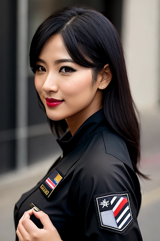 realistic_photo, photorealism, goddess, japanese, black_hair, dark_brown_eyes, medium_breasts, lipstick, eyeliner, (((tactical_black_clothes))), tactical_top, tactical_pullover, realistic, solo_focus, licentious smile, seductive poses, sfw, safe_for_work, small_breasts, thin, thin_body, ((bulletproof_west)), ((front_view)), , eye_contact, frontal_pose, salute