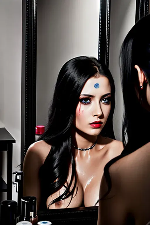 A very pretty woman with long black hair and blue eyes, mentally disturbed, staring at herself in the mirror, blood on her face, blood smeared over her lips like lipstick and under her eyes like eye makeup, realistic photo very wide angle, studio lighting