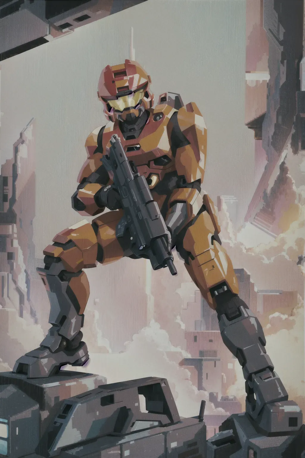 Ghibli style, master chief, with a gun, detailed, global lighting, ((masterpiece)), 8k wallpaper, high quality, <lora:dpmg_ghibli_style:1>