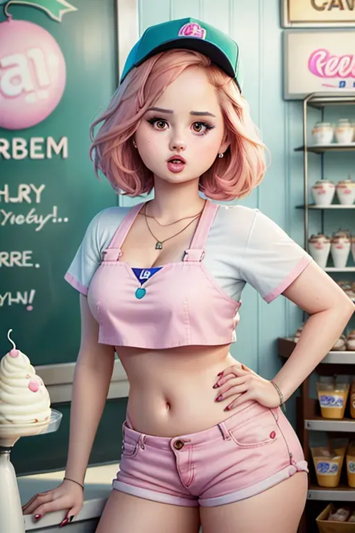 A picture of a ((Debby Ryan)), accurate face, detailed face, cute face, small tits, perfect round nipples, (shaved pussy), standing in a icecream shop, selling icecream, ice shop clothing, pink crop top