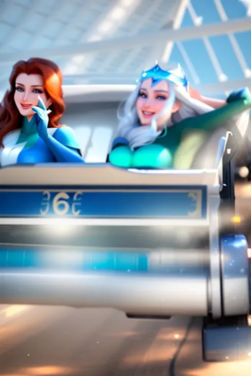 two figures, low angle shot,
medium shot, front view, at an amusement park, sitting in the front seat a thrilling moving wild roller coaster,
innocent sweet, Anna of Arendelle 37 years old, Nordic, dressed in green modest attire, large natural round blue eyes, small frame rectangle green sunglasses on the end of her nose, long auburn hair, sweet face, warm smile, beautiful lips, soft curved eyebrows, smaller modest breasts.
Elsa of Arendelle, sister, slightly taller, slightly older, blue attire, long platinum hair, playing frisbee with Anna.
five fingers per hand, ultra realistic, pixiv, unreal engine, bokeh, reduced saturation, adult