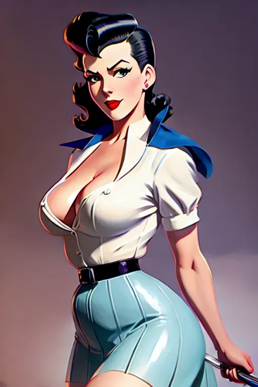Rockabilly Pin-up Photorealistic, dark vintage, body view, extremely detailed Stunning sexy female rockabilly Pin-up with red lip and voluminous Victory Rolls haircut wearing white blouse with blue latex suit in V shape and Circle skirt, octane render, epic ambiant light, very dark lighting, extremely detailed face with eyes and iris, Grease style, acrylic painting, trending on pixiv fanbox, palette knife and brush strokes, style of makoto shinkai jamie wyeth james gilleard edward hopper greg rutkowski studio ghibli genshin impact